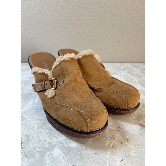Lower East Side Womens Tan Suede Leather Faux Fur Wedge Mules Clogs Size 9.5 Y2K - Picture 1 of 8